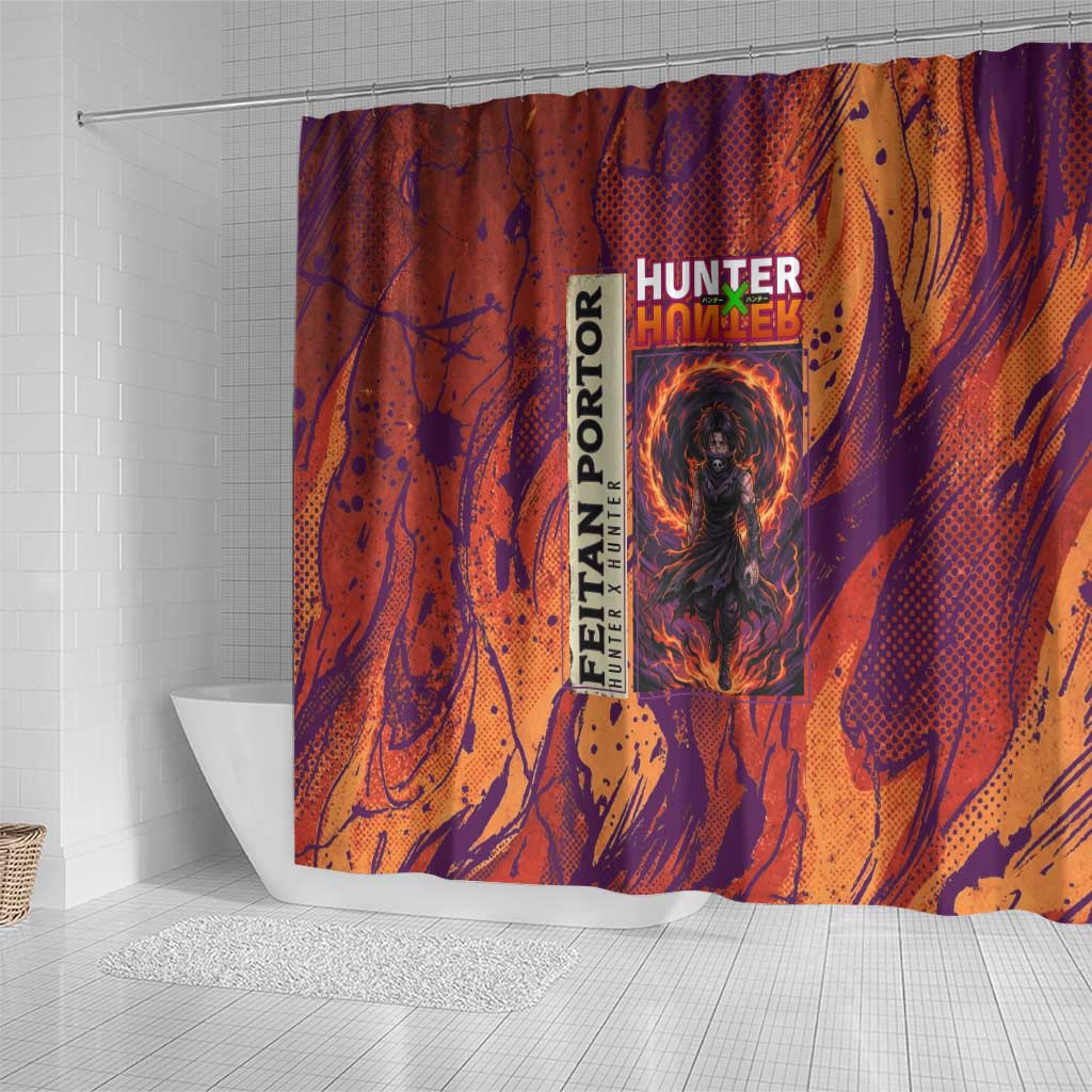 Feitan Portor Flame Aura Design Shower Curtain with Sword Stance and Intense Anime Artwork - The Mazicc