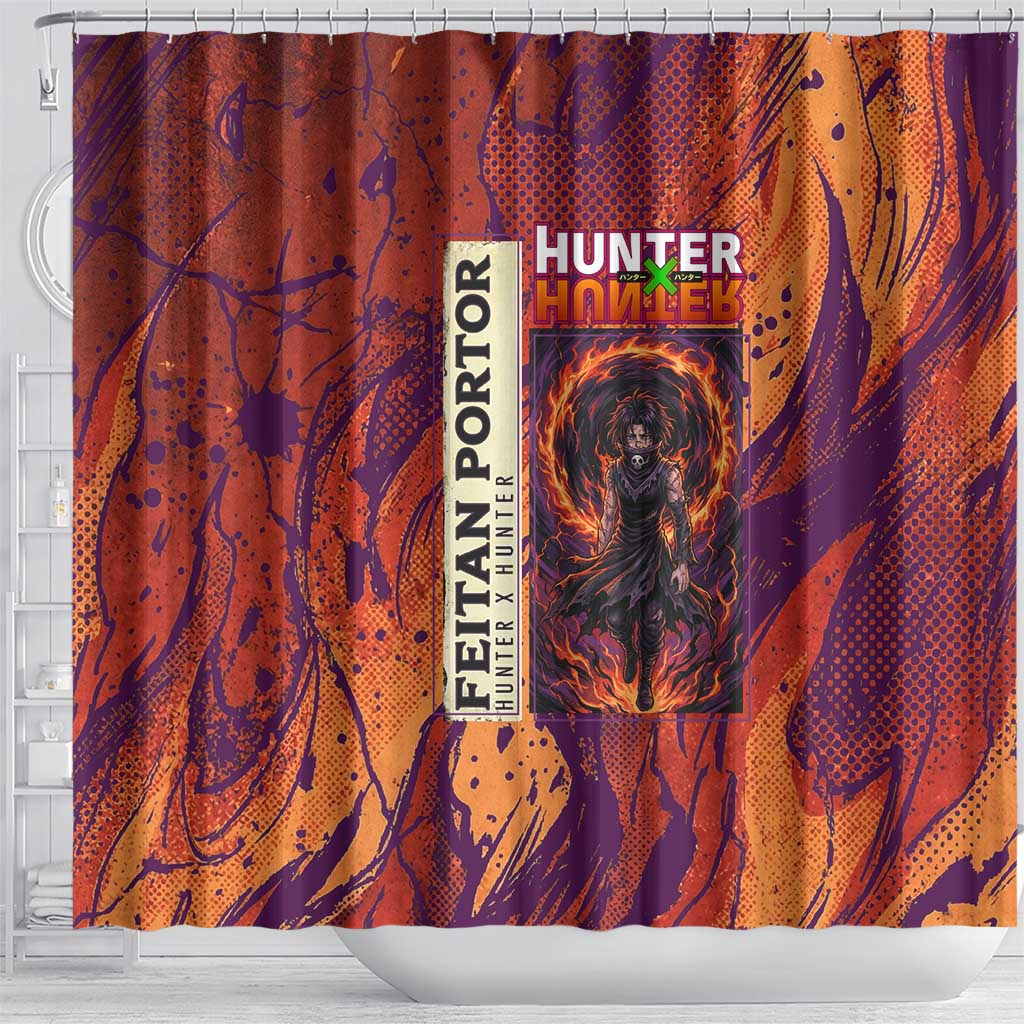 Feitan Portor Flame Aura Design Shower Curtain with Sword Stance and Intense Anime Artwork - The Mazicc