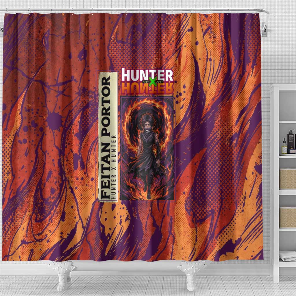 Feitan Portor Flame Aura Design Shower Curtain with Sword Stance and Intense Anime Artwork - The Mazicc