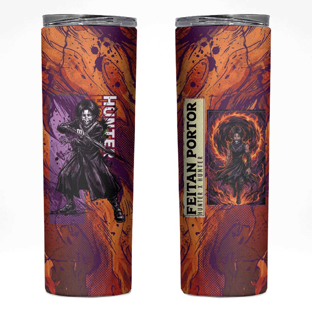 Feitan Portor Flame Aura Design Skinny Tumbler with Sword Stance and Intense Anime Artwork - The Mazicc
