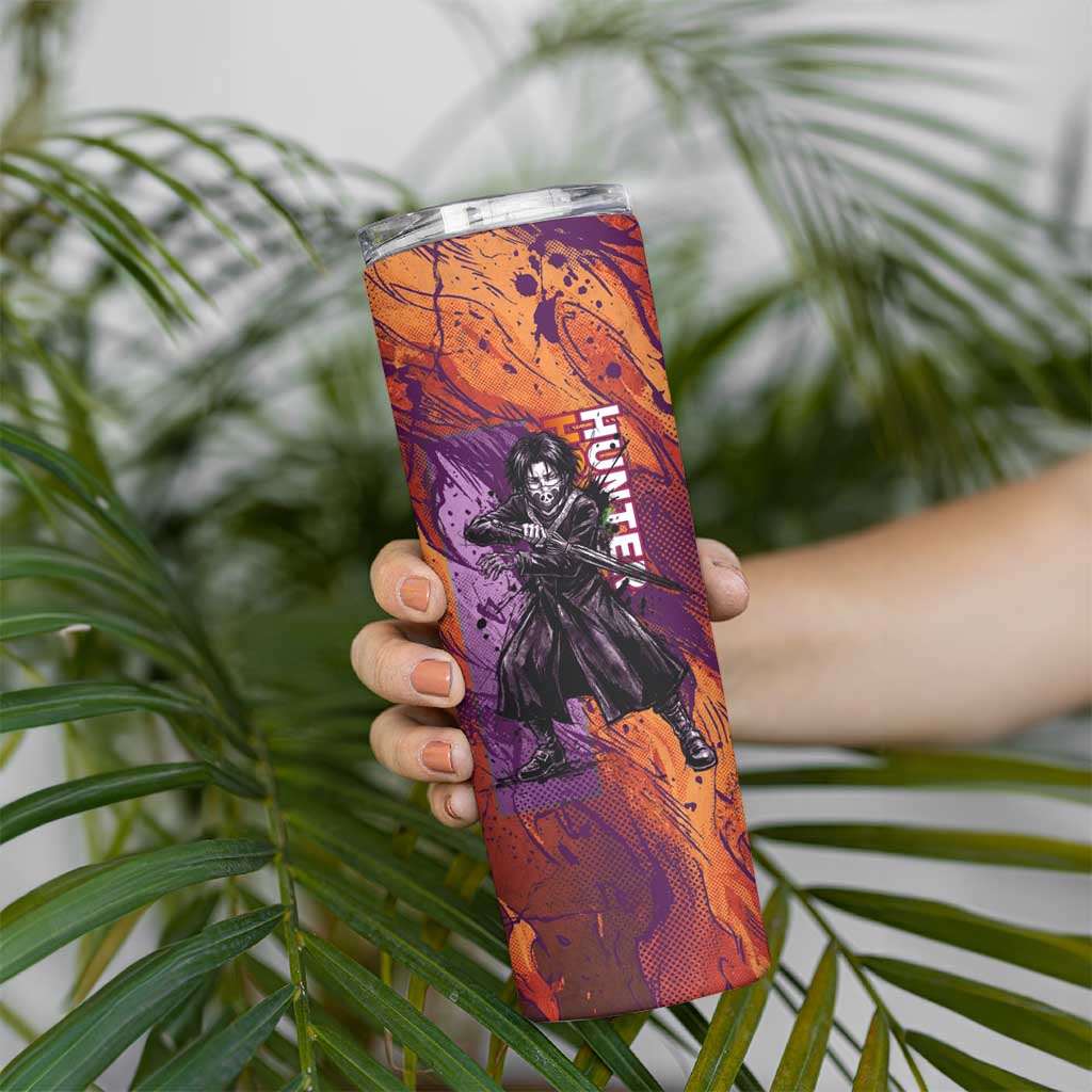 Feitan Portor Flame Aura Design Skinny Tumbler with Sword Stance and Intense Anime Artwork - The Mazicc