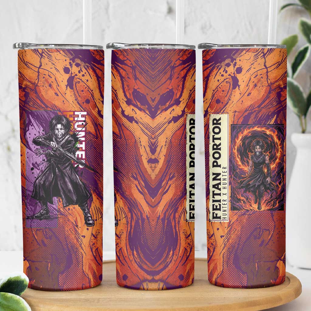 Feitan Portor Flame Aura Design Skinny Tumbler with Sword Stance and Intense Anime Artwork - The Mazicc