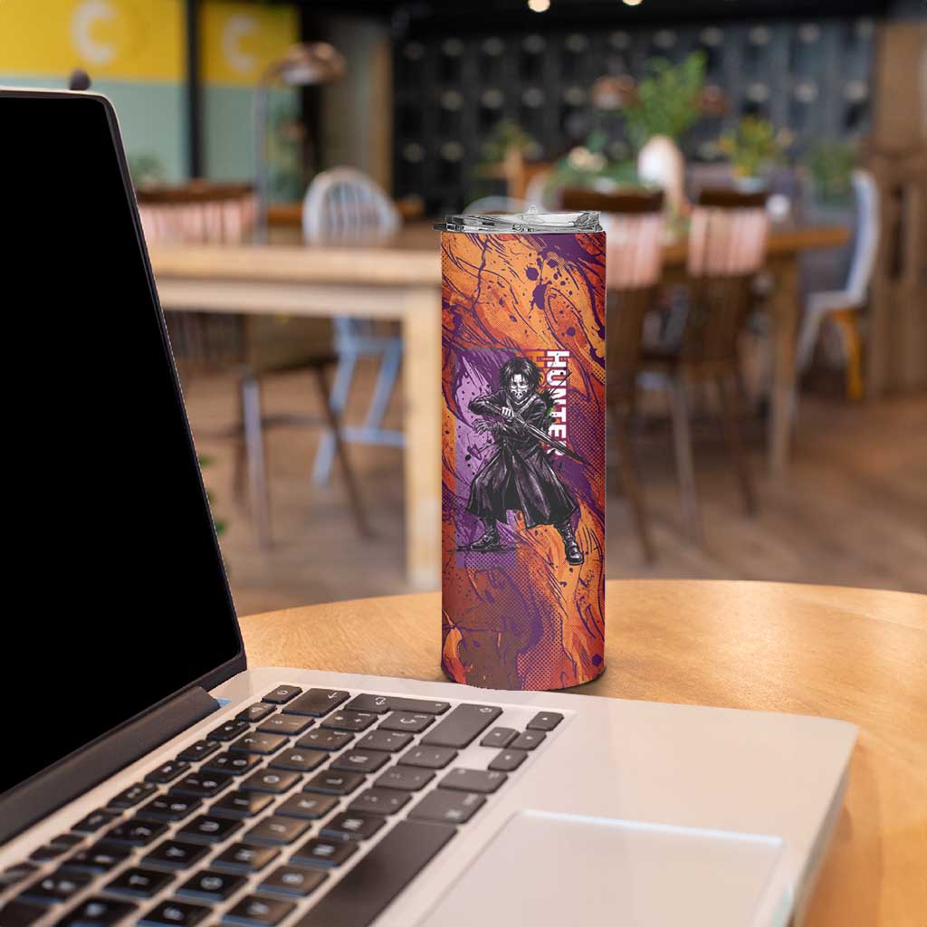 Feitan Portor Flame Aura Design Skinny Tumbler with Sword Stance and Intense Anime Artwork - The Mazicc
