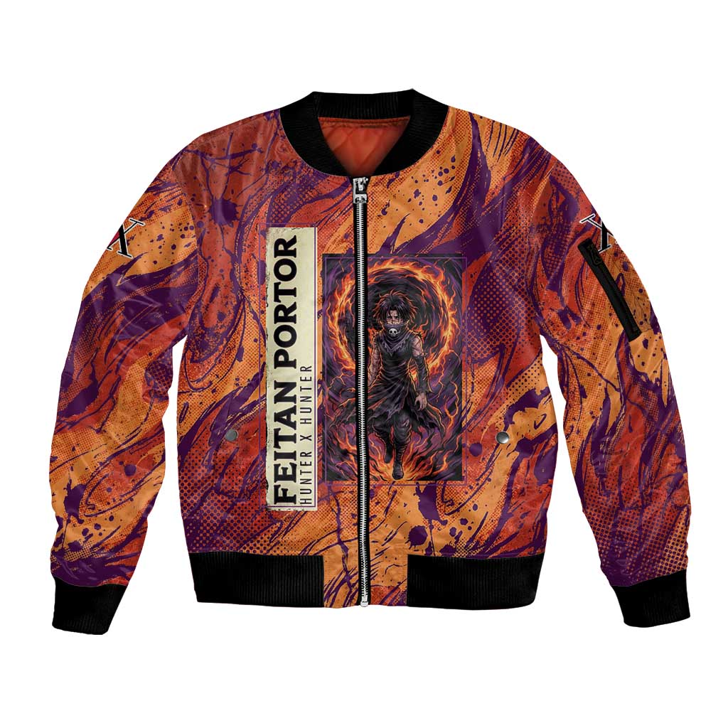 Feitan Portor Flame Aura Design Sleeve Zip Bomber Jacket with Sword Stance and Intense Anime Artwork - The Mazicc