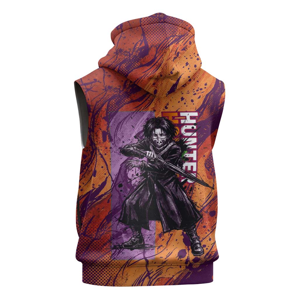 Feitan Portor Flame Aura Design Sleeveless Hoodie with Sword Stance and Intense Anime Artwork - The Mazicc