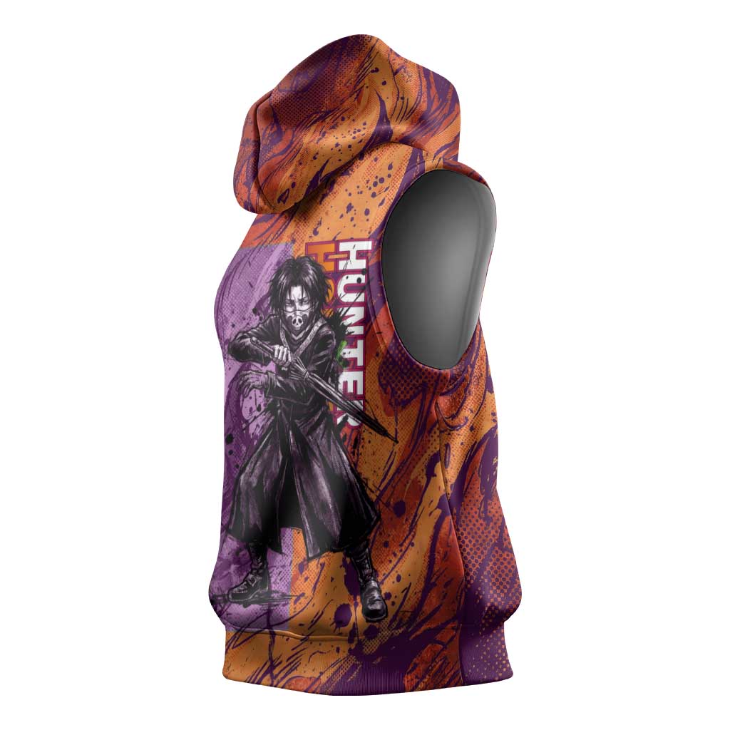 Feitan Portor Flame Aura Design Sleeveless Hoodie with Sword Stance and Intense Anime Artwork - The Mazicc