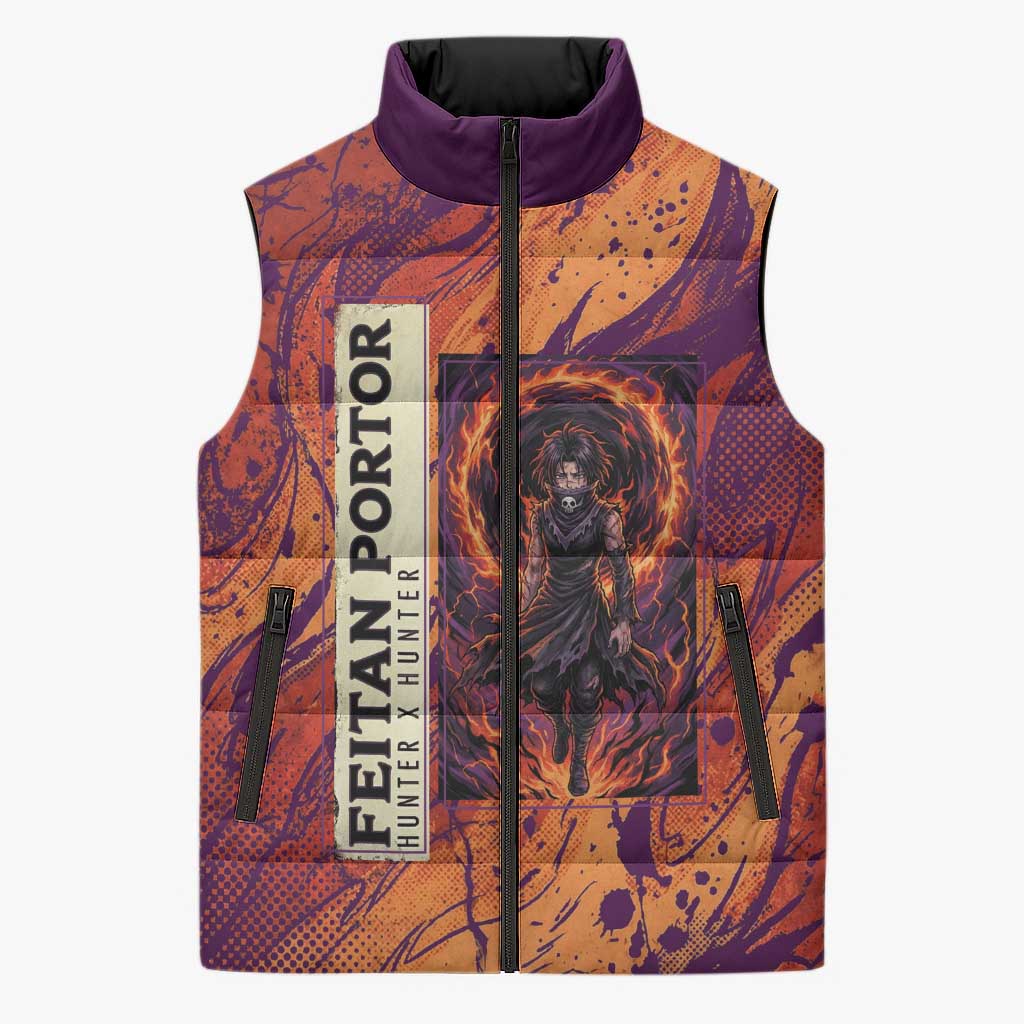 Feitan Portor Flame Aura Design Sleeveless Puffer Jacket with Sword Stance and Intense Anime Artwork - The Mazicc