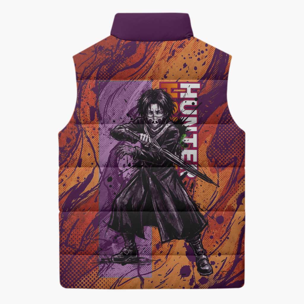 Feitan Portor Flame Aura Design Sleeveless Puffer Jacket with Sword Stance and Intense Anime Artwork - The Mazicc