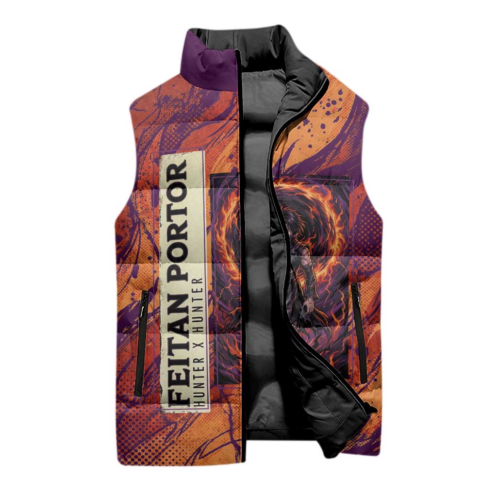 Feitan Portor Flame Aura Design Sleeveless Puffer Jacket with Sword Stance and Intense Anime Artwork - The Mazicc