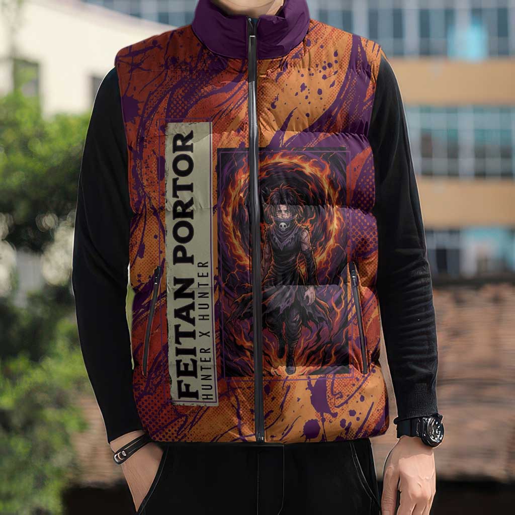 Feitan Portor Flame Aura Design Sleeveless Puffer Jacket with Sword Stance and Intense Anime Artwork - The Mazicc
