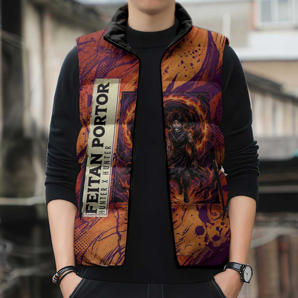 Feitan Portor Flame Aura Design Sleeveless Puffer Jacket with Sword Stance and Intense Anime Artwork - The Mazicc
