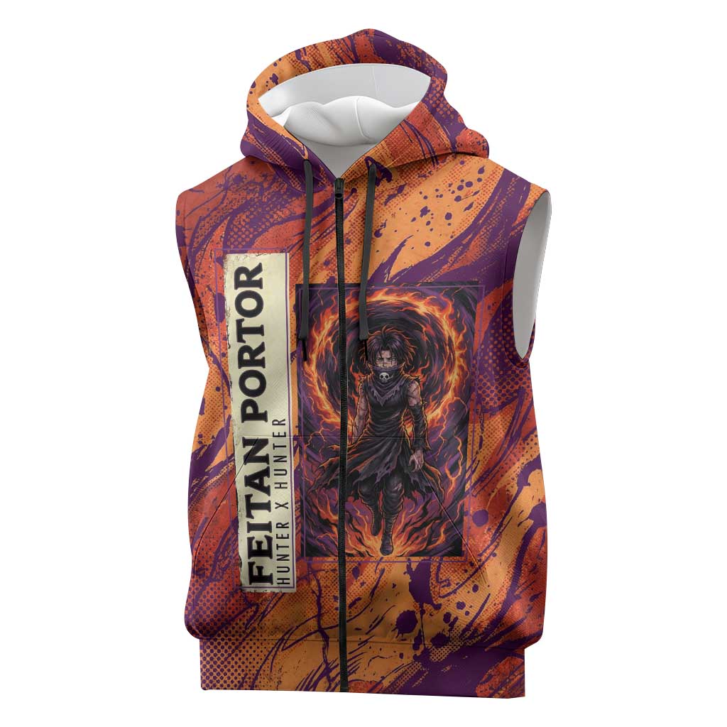 Feitan Portor Flame Aura Design Sleeveless Zip Hoodie with Sword Stance and Intense Anime Artwork - The Mazicc