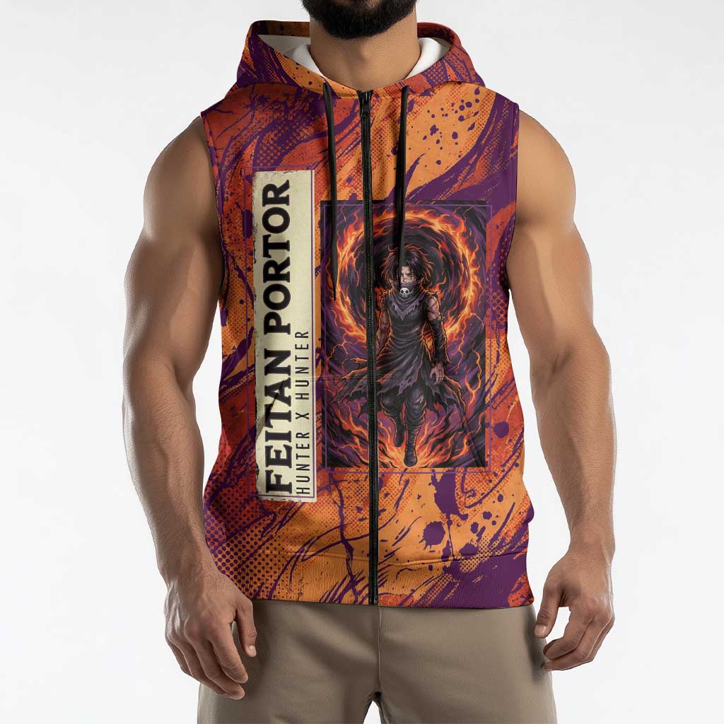 Feitan Portor Flame Aura Design Sleeveless Zip Hoodie with Sword Stance and Intense Anime Artwork - The Mazicc