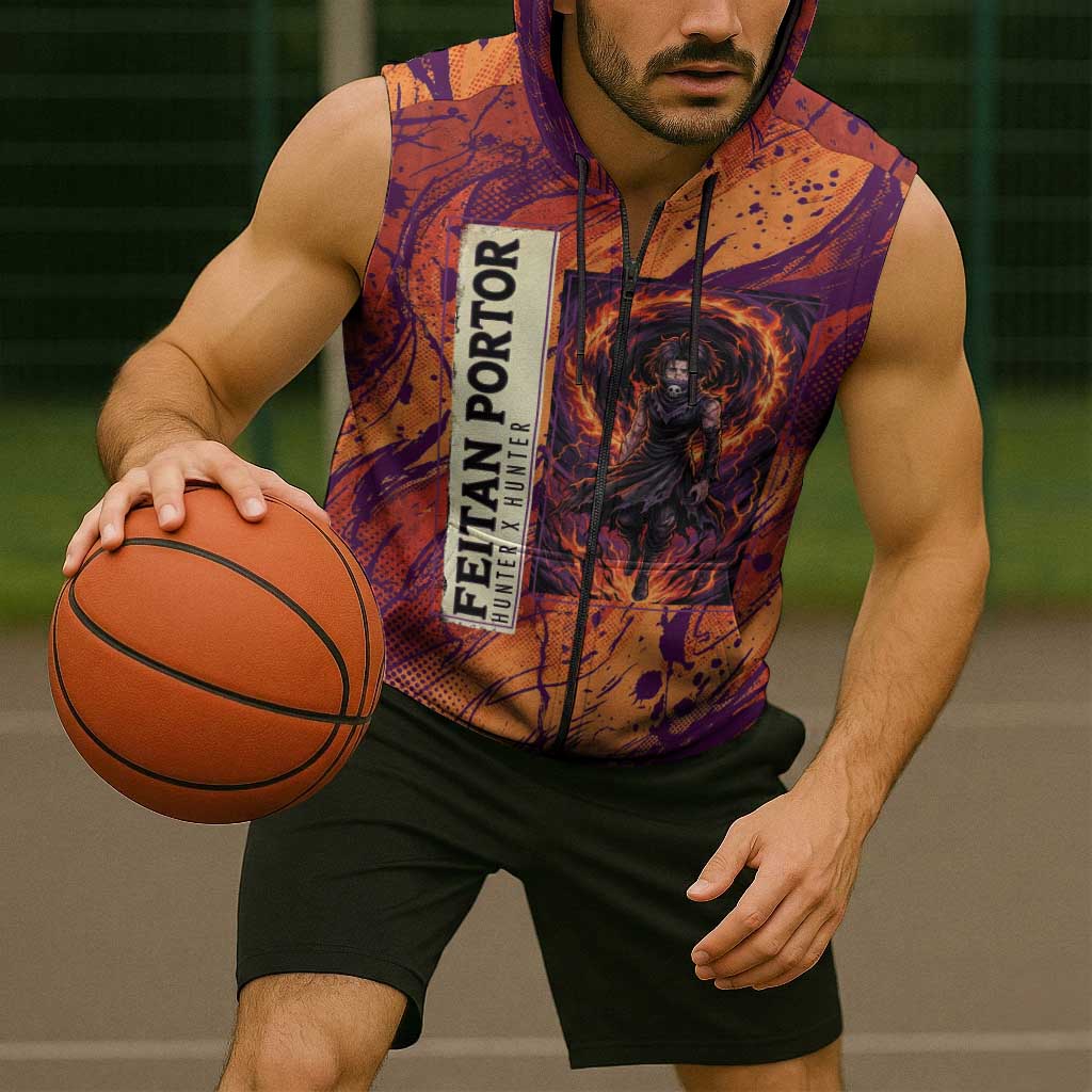 Feitan Portor Flame Aura Design Sleeveless Zip Hoodie with Sword Stance and Intense Anime Artwork - The Mazicc