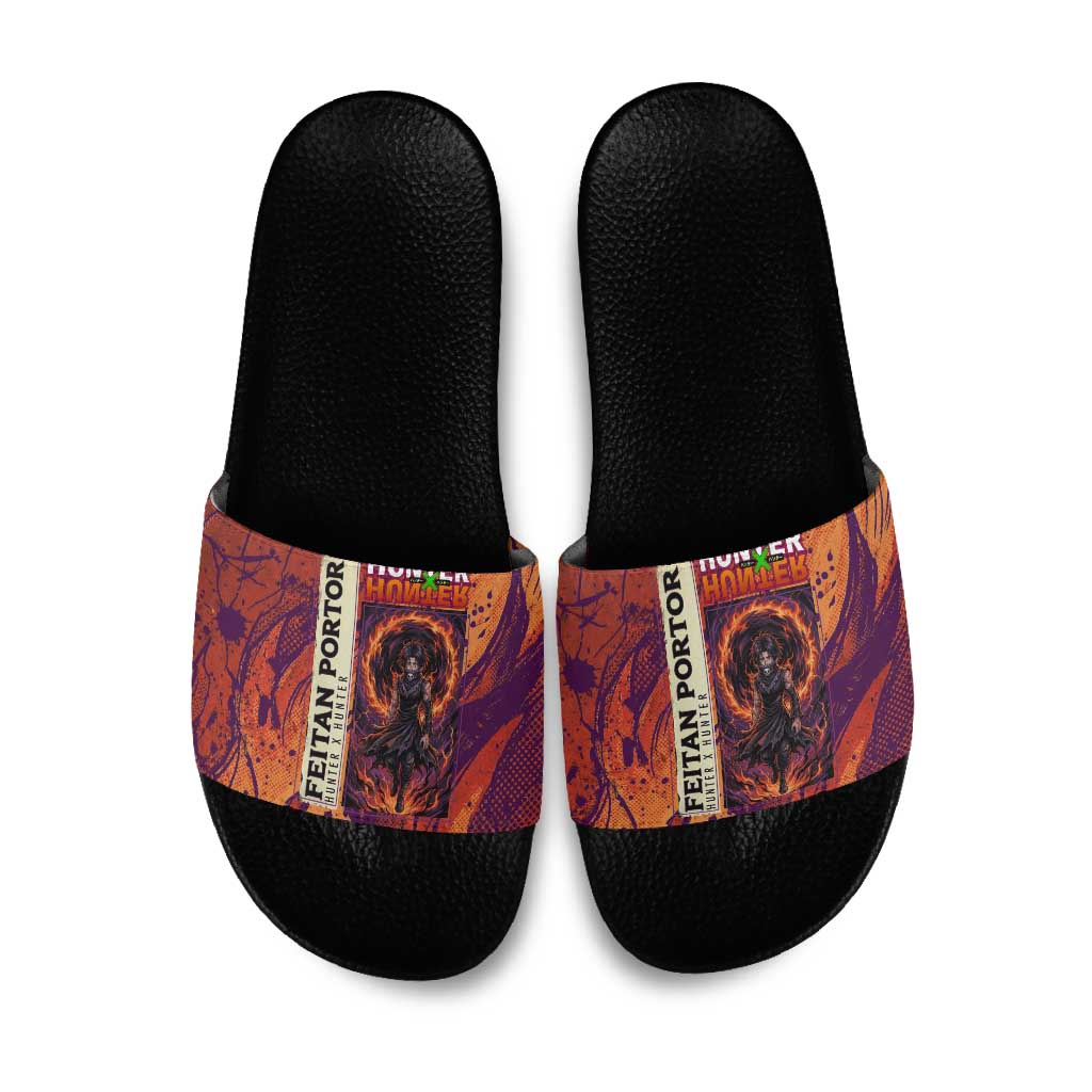 Feitan Portor Flame Aura Design Slide Sandals with Sword Stance and Intense Anime Artwork - The Mazicc
