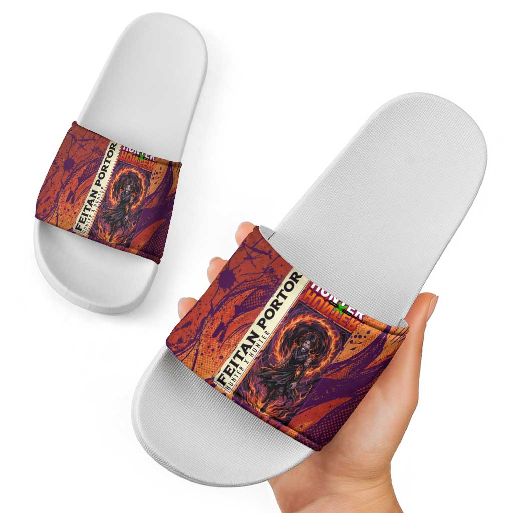 Feitan Portor Flame Aura Design Slide Sandals with Sword Stance and Intense Anime Artwork - The Mazicc