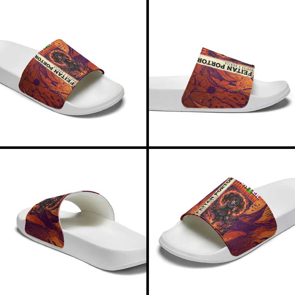 Feitan Portor Flame Aura Design Slide Sandals with Sword Stance and Intense Anime Artwork - The Mazicc