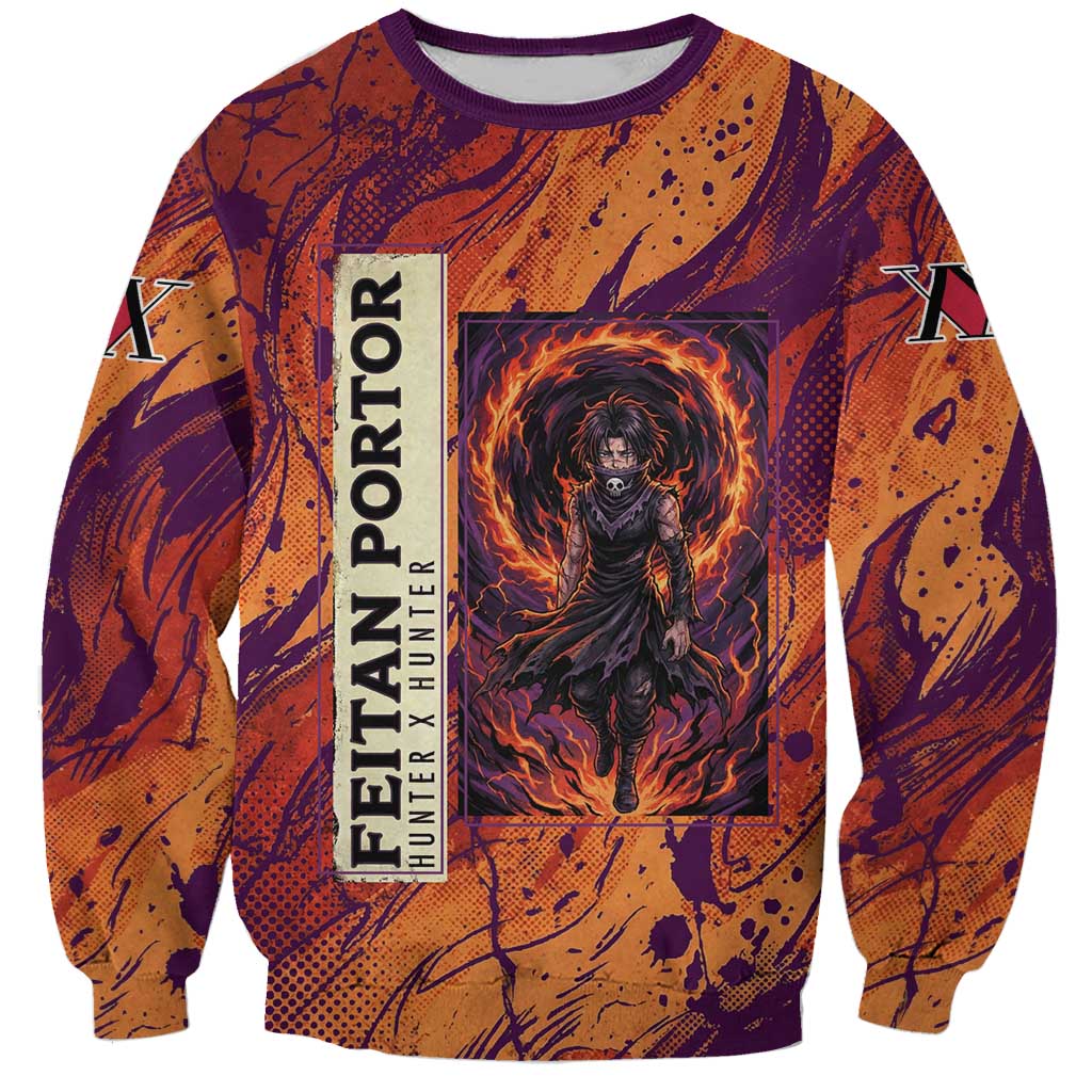 Feitan Portor Flame Aura Design Sweatshirt with Sword Stance and Intense Anime Artwork - The Mazicc