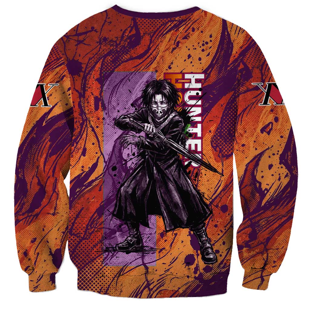 Feitan Portor Flame Aura Design Sweatshirt with Sword Stance and Intense Anime Artwork - The Mazicc