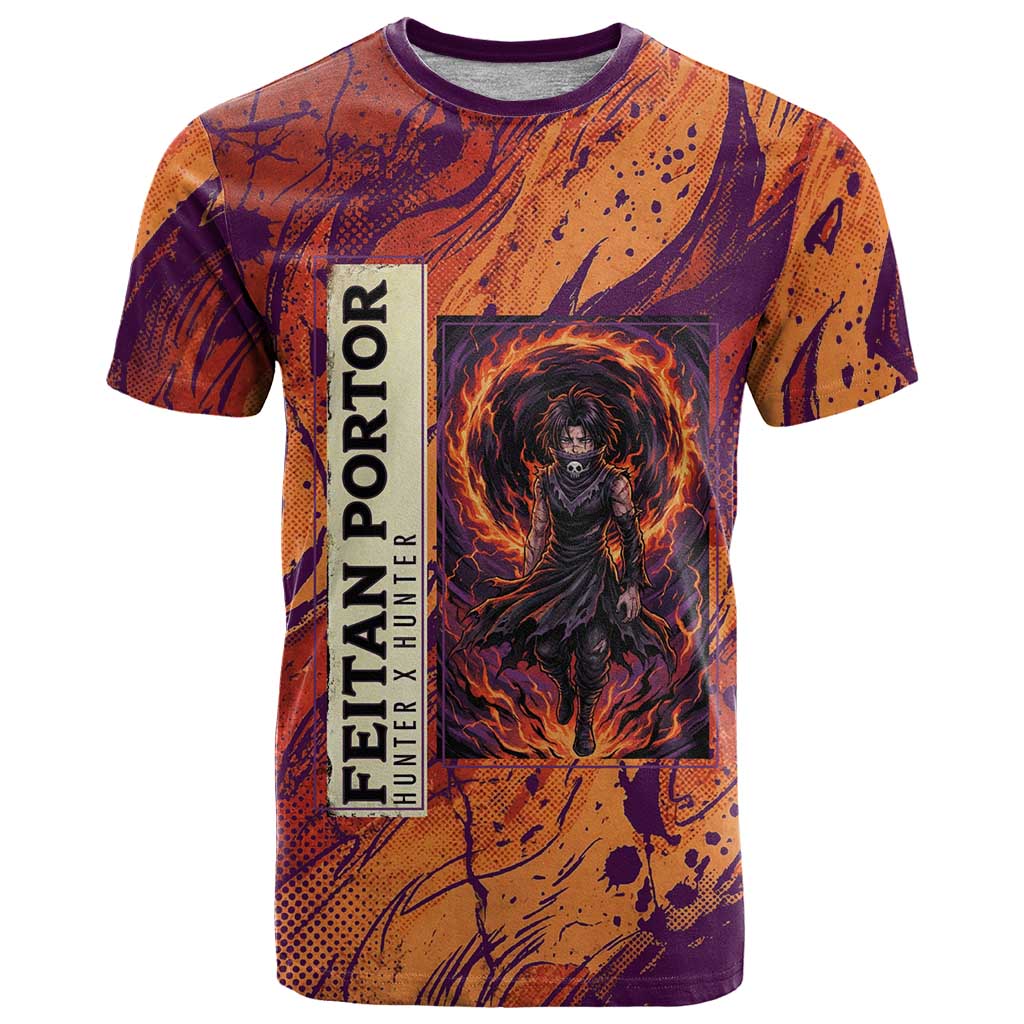 Feitan Portor Flame Aura Design T Shirt with Sword Stance and Intense Anime Artwork - The Mazicc