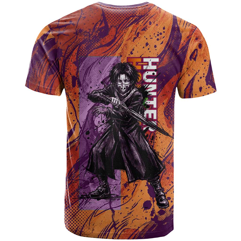 Feitan Portor Flame Aura Design T Shirt with Sword Stance and Intense Anime Artwork - The Mazicc