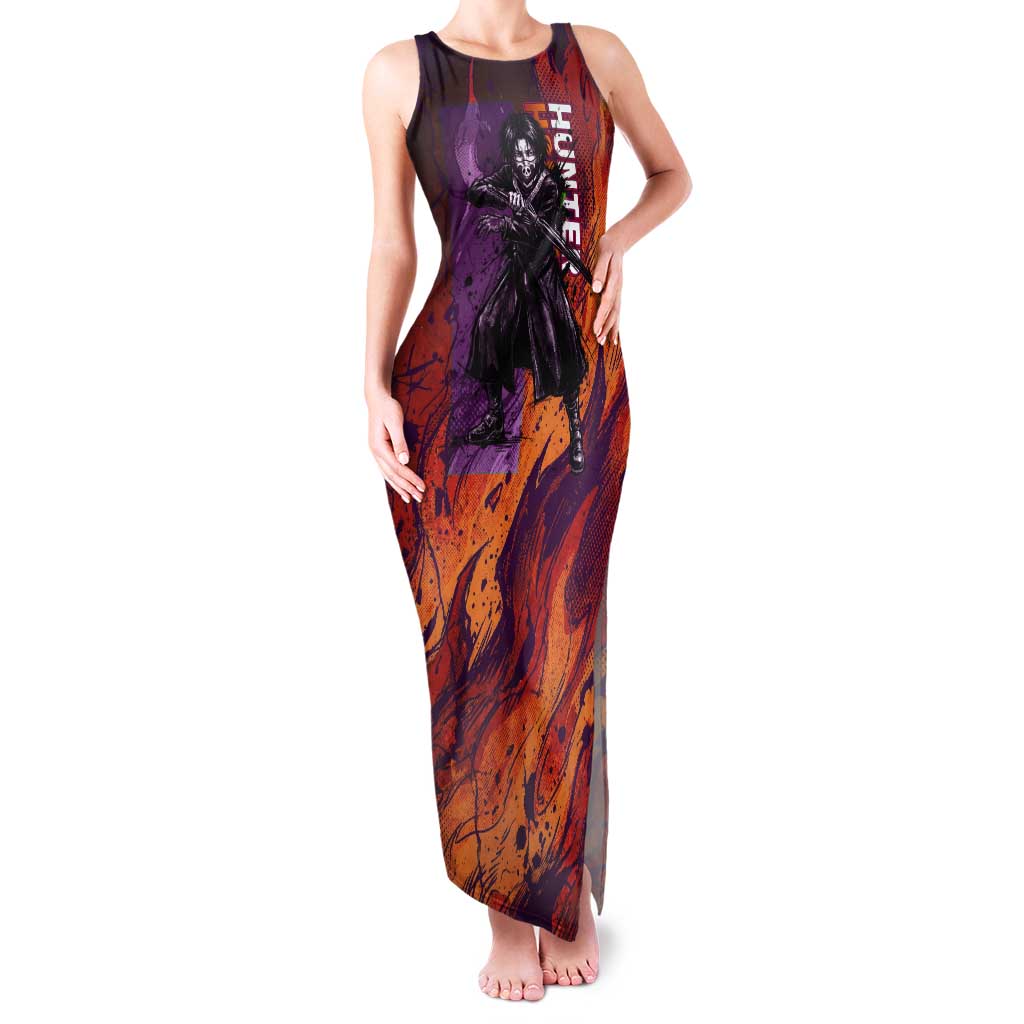 Feitan Portor Flame Aura Design Tank Maxi Dress with Sword Stance and Intense Anime Artwork - The Mazicc