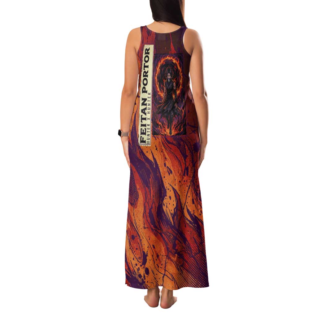Feitan Portor Flame Aura Design Tank Maxi Dress with Sword Stance and Intense Anime Artwork - The Mazicc