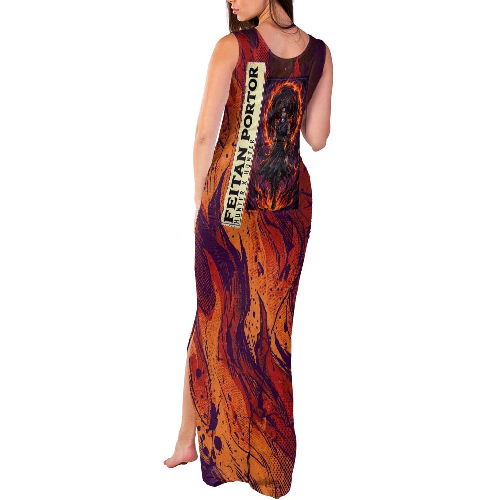 Feitan Portor Flame Aura Design Tank Maxi Dress with Sword Stance and Intense Anime Artwork - The Mazicc