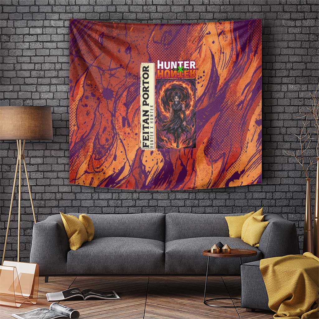 Feitan Portor Flame Aura Design Tapestry with Sword Stance and Intense Anime Artwork - The Mazicc