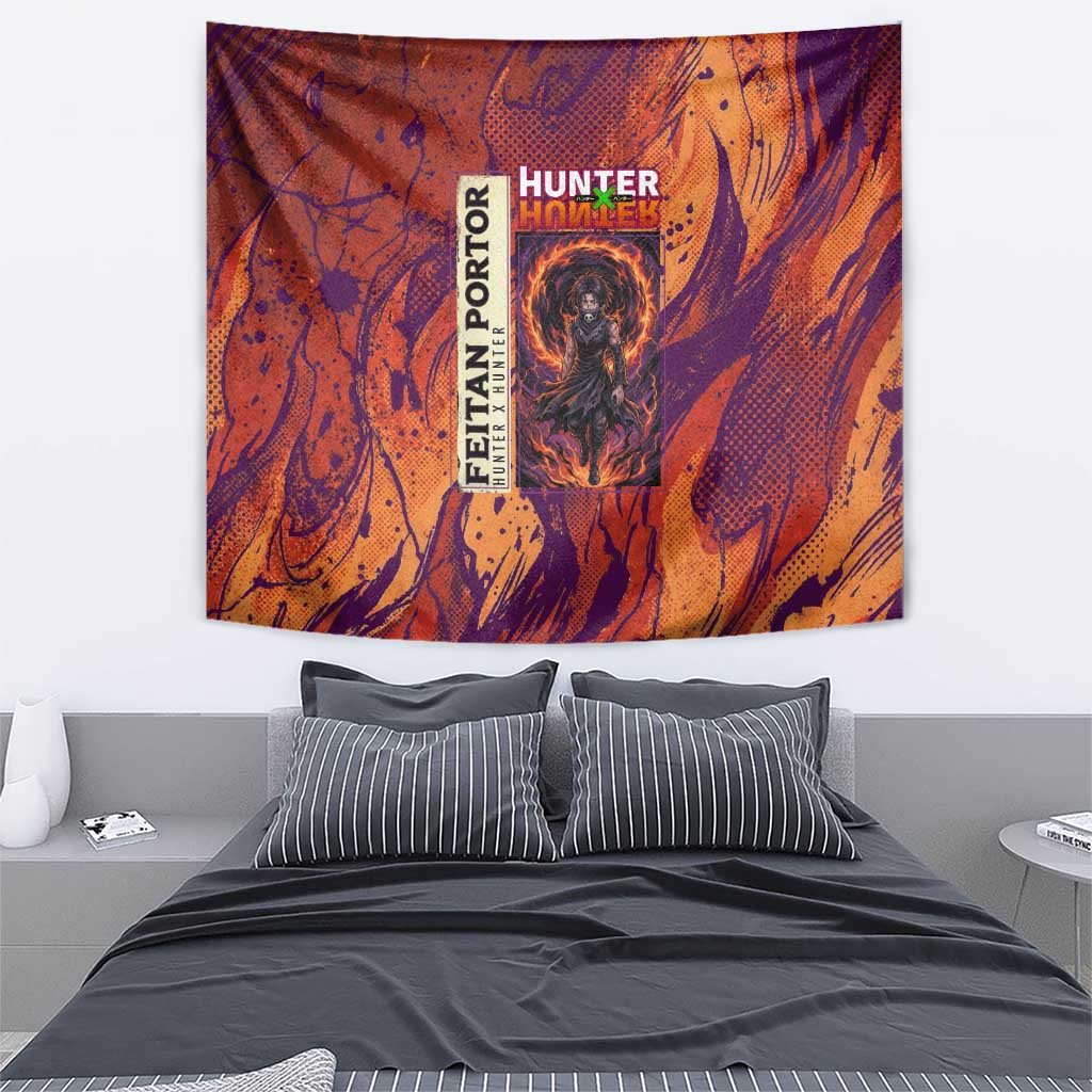 Feitan Portor Flame Aura Design Tapestry with Sword Stance and Intense Anime Artwork - The Mazicc