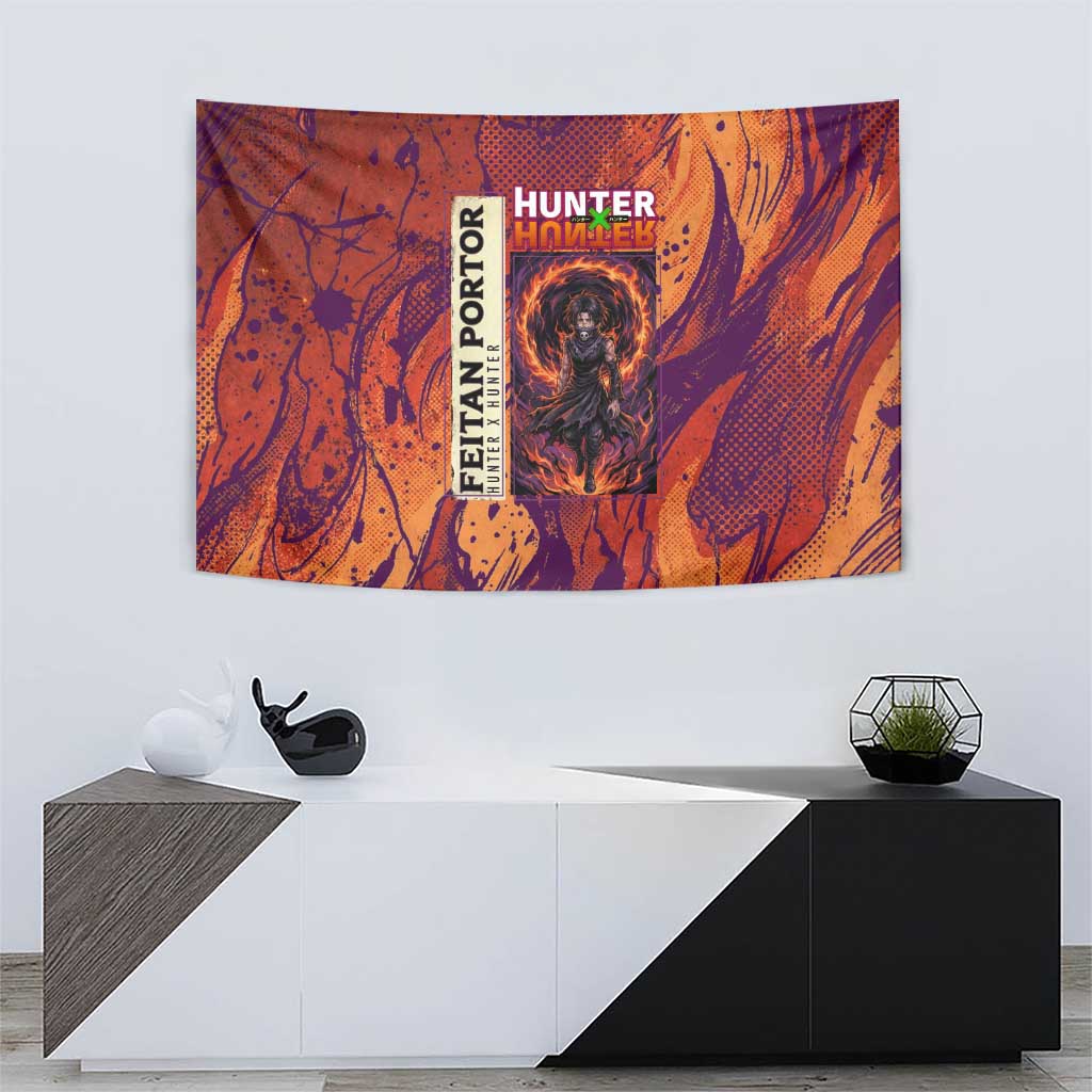 Feitan Portor Flame Aura Design Tapestry with Sword Stance and Intense Anime Artwork - The Mazicc