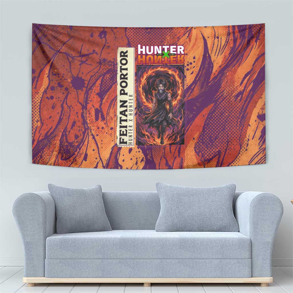Feitan Portor Flame Aura Design Tapestry with Sword Stance and Intense Anime Artwork - The Mazicc