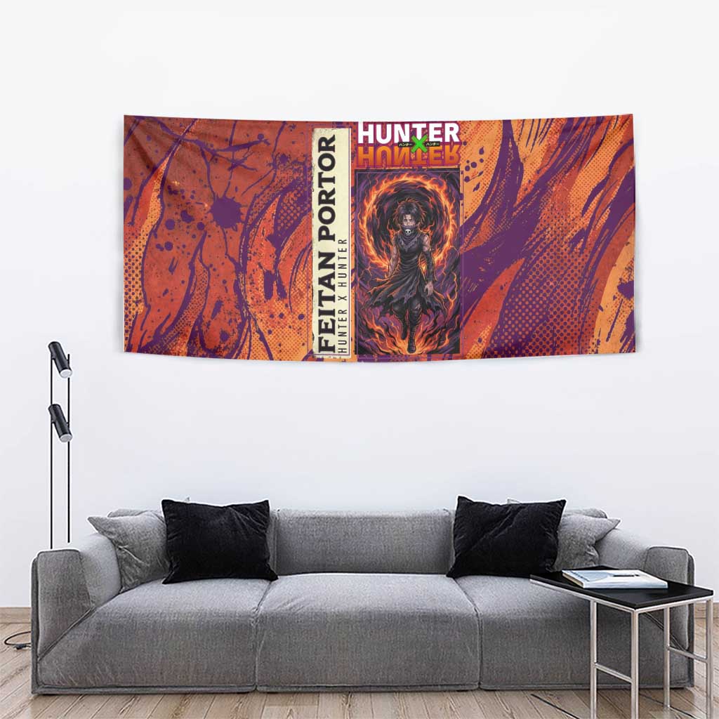 Feitan Portor Flame Aura Design Tapestry with Sword Stance and Intense Anime Artwork - The Mazicc