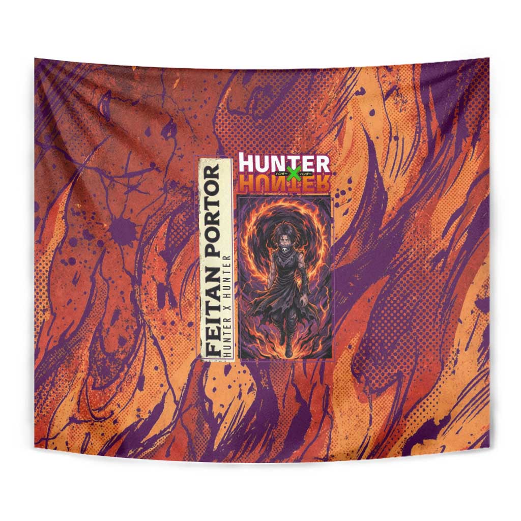 Feitan Portor Flame Aura Design Tapestry with Sword Stance and Intense Anime Artwork - The Mazicc