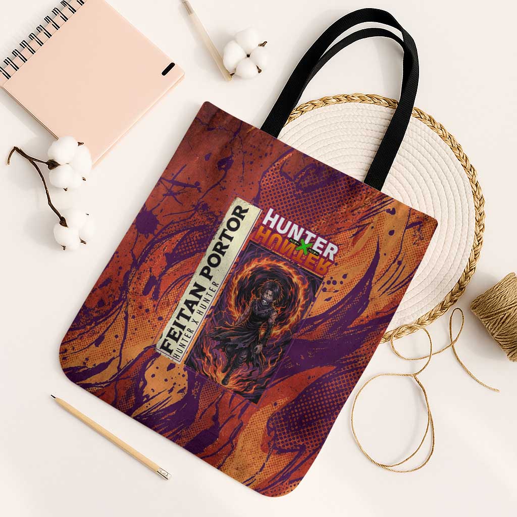 Feitan Portor Flame Aura Design Tote Bag with Sword Stance and Intense Anime Artwork - The Mazicc