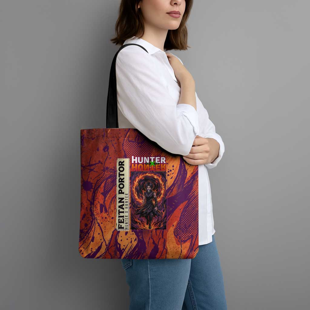 Feitan Portor Flame Aura Design Tote Bag with Sword Stance and Intense Anime Artwork - The Mazicc
