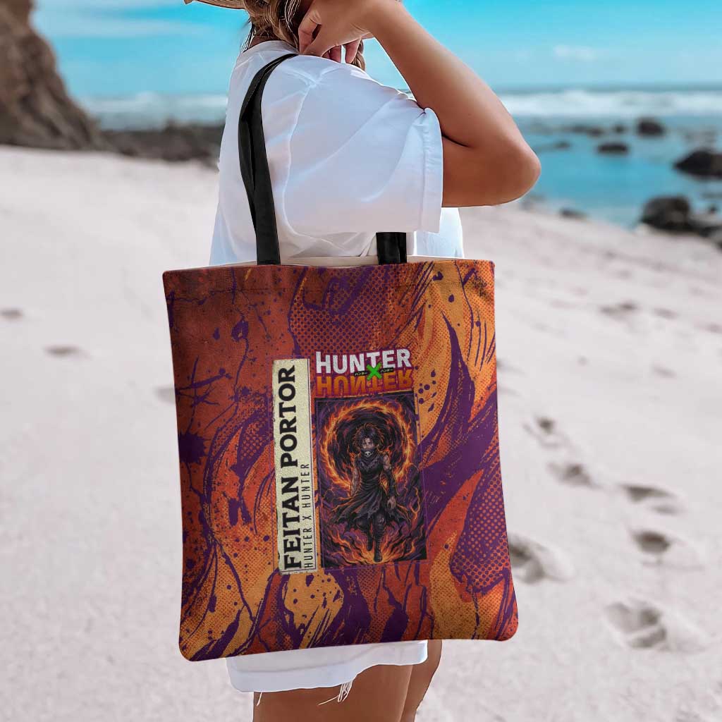 Feitan Portor Flame Aura Design Tote Bag with Sword Stance and Intense Anime Artwork - The Mazicc