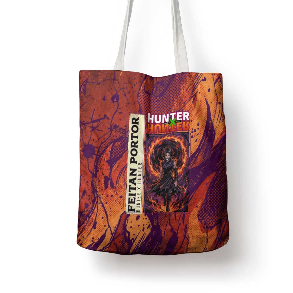 Feitan Portor Flame Aura Design Tote Bag with Sword Stance and Intense Anime Artwork - The Mazicc