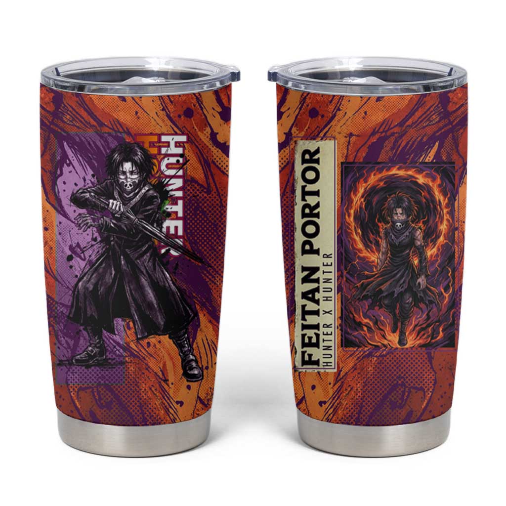 Feitan Portor Flame Aura Design Tumbler Cup with Sword Stance and Intense Anime Artwork - The Mazicc