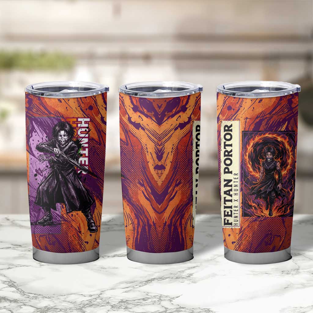 Feitan Portor Flame Aura Design Tumbler Cup with Sword Stance and Intense Anime Artwork - The Mazicc