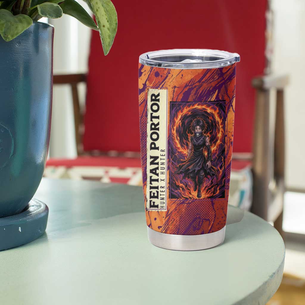Feitan Portor Flame Aura Design Tumbler Cup with Sword Stance and Intense Anime Artwork - The Mazicc