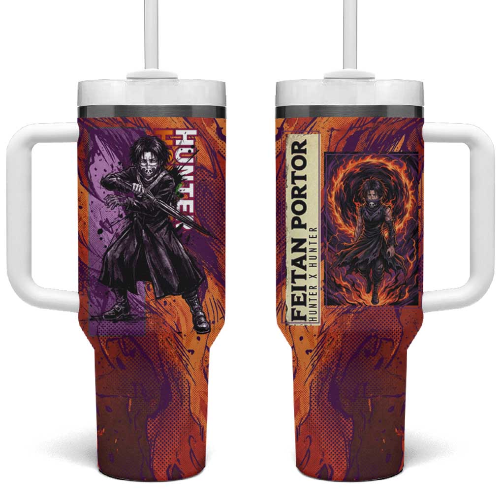 Feitan Portor Flame Aura Design Tumbler With Handle with Sword Stance and Intense Anime Artwork - The Mazicc