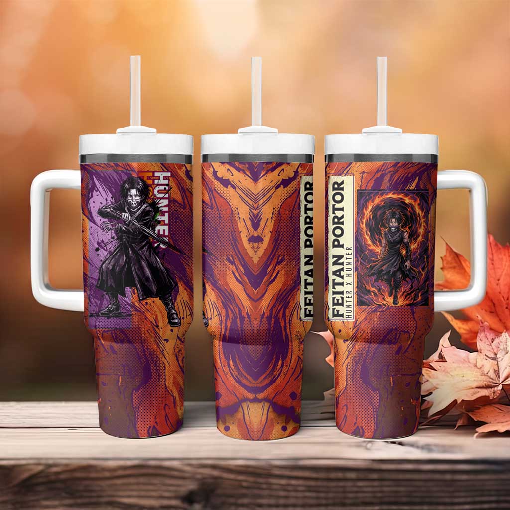 Feitan Portor Flame Aura Design Tumbler With Handle with Sword Stance and Intense Anime Artwork - The Mazicc