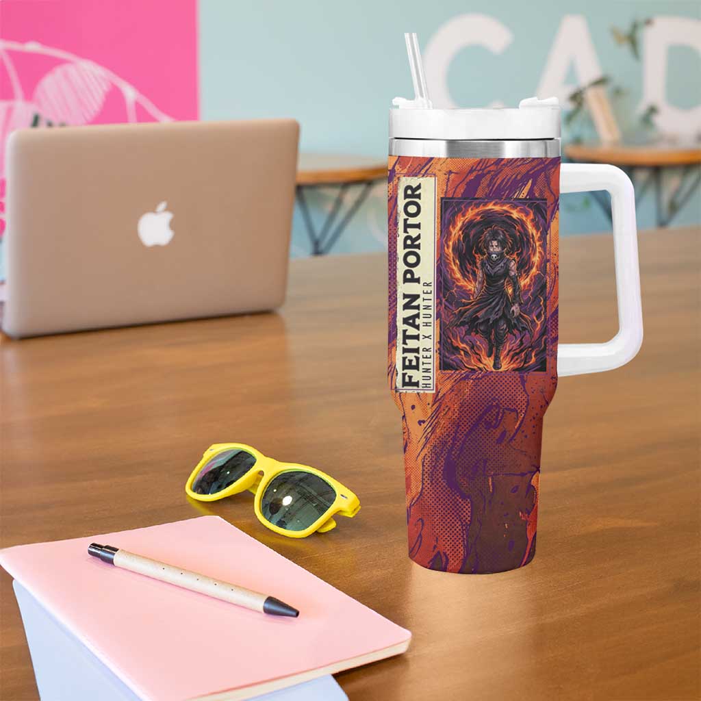 Feitan Portor Flame Aura Design Tumbler With Handle with Sword Stance and Intense Anime Artwork - The Mazicc