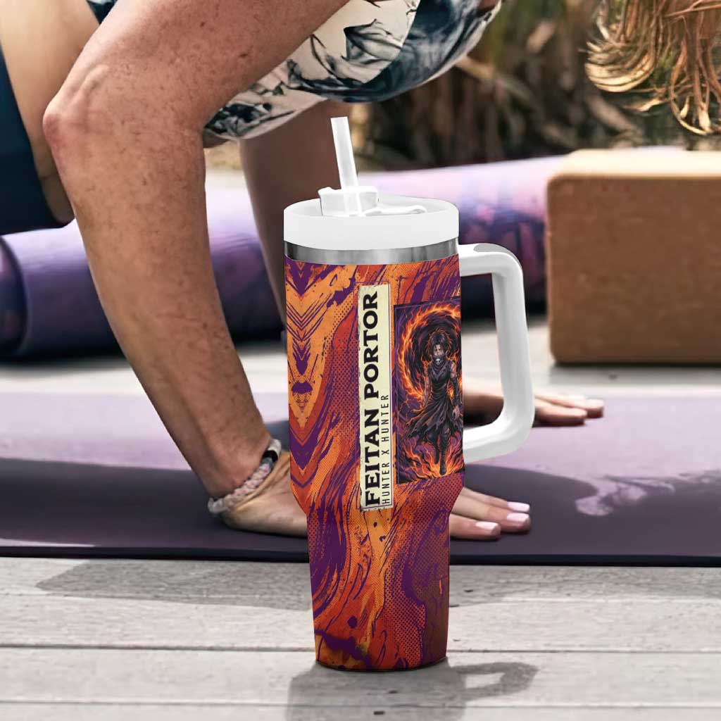Feitan Portor Flame Aura Design Tumbler With Handle with Sword Stance and Intense Anime Artwork - The Mazicc