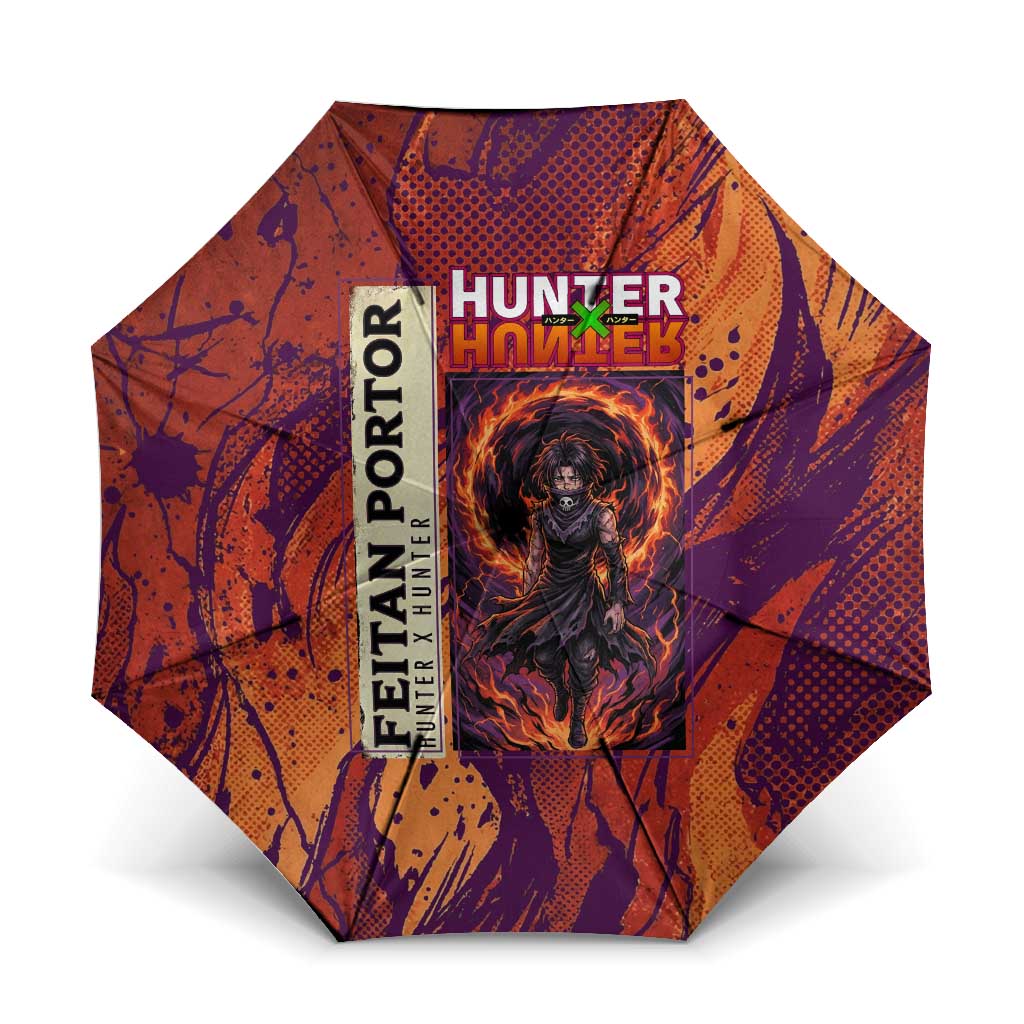 Feitan Portor Flame Aura Design Umbrella with Sword Stance and Intense Anime Artwork - The Mazicc
