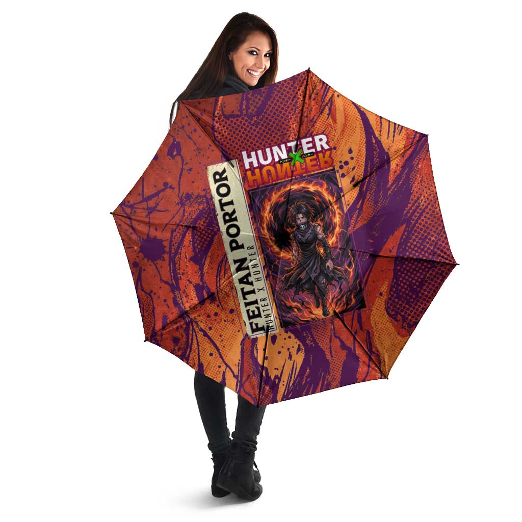 Feitan Portor Flame Aura Design Umbrella with Sword Stance and Intense Anime Artwork - The Mazicc