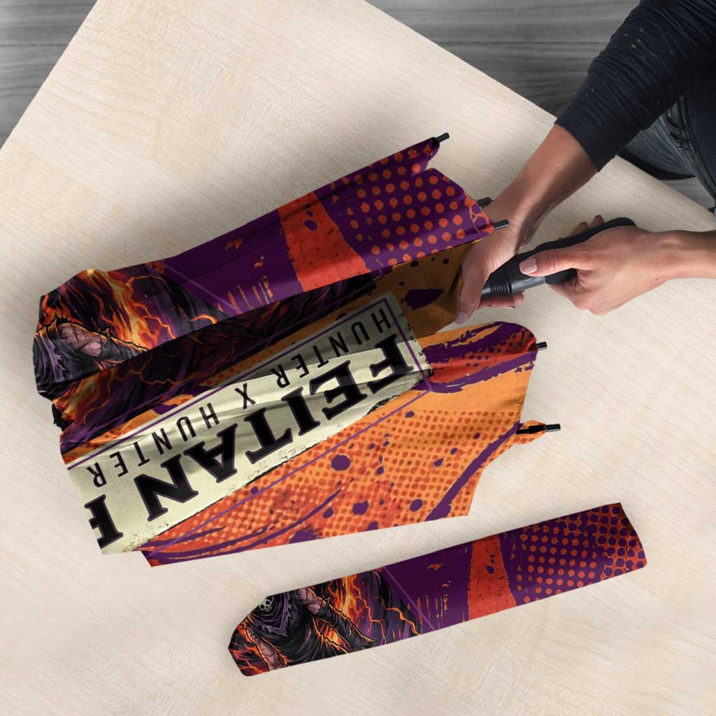 Feitan Portor Flame Aura Design Umbrella with Sword Stance and Intense Anime Artwork - The Mazicc
