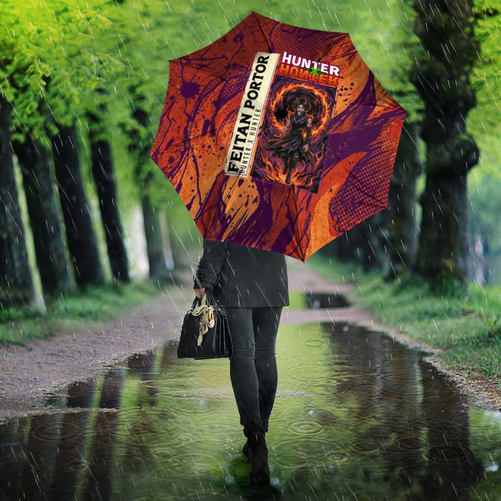 Feitan Portor Flame Aura Design Umbrella with Sword Stance and Intense Anime Artwork - The Mazicc