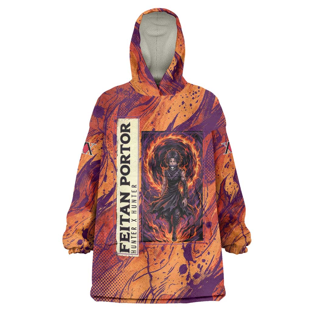 Feitan Portor Flame Aura Design Wearable Blanket Hoodie with Sword Stance and Intense Anime Artwork - The Mazicc